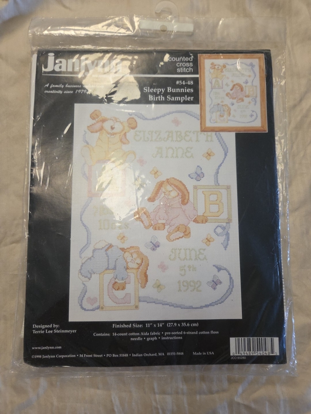 Counted Cross Stitch Janlynn Sleepy Bunnies Birth Sampler NEW Chart Record